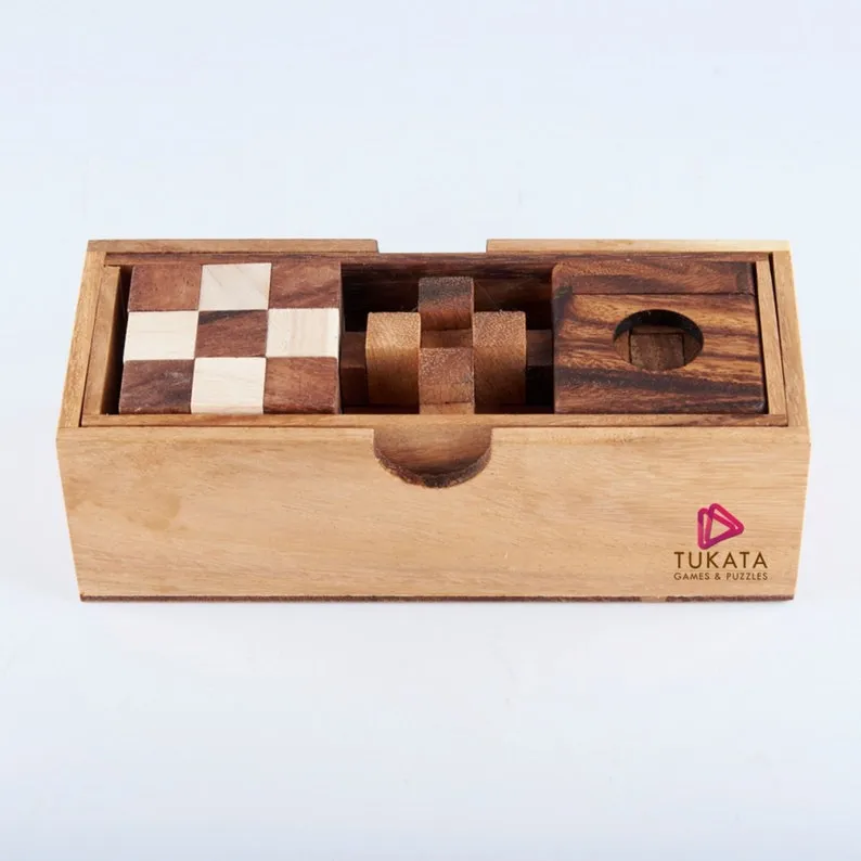 3 Individual Brainteaser Wooden Puzzles in Gift Wooden Box