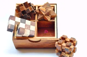 4 Individual Brainteaser Wooden Puzzles in Gift Wooden Box