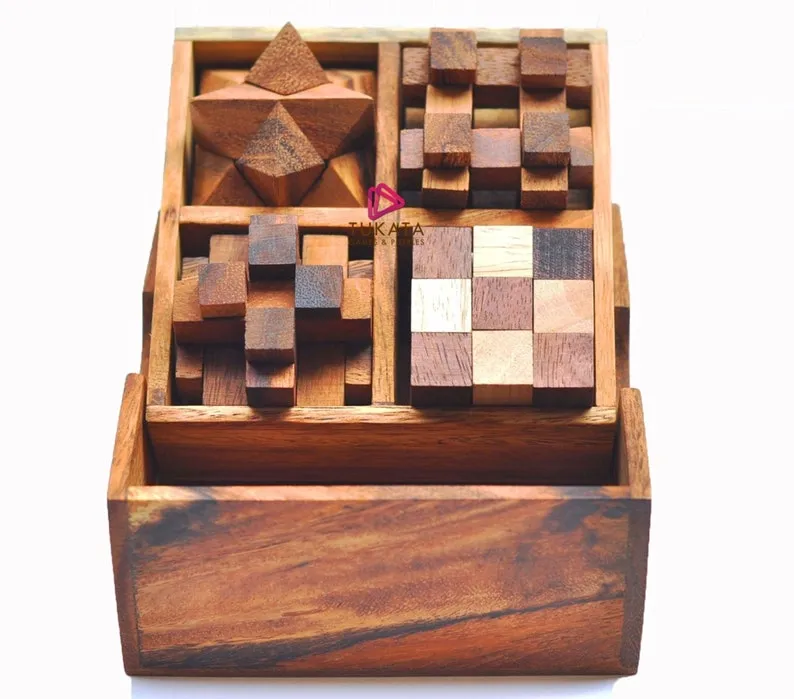 4 Individual Brainteaser Wooden Puzzles in Gift Wooden Box