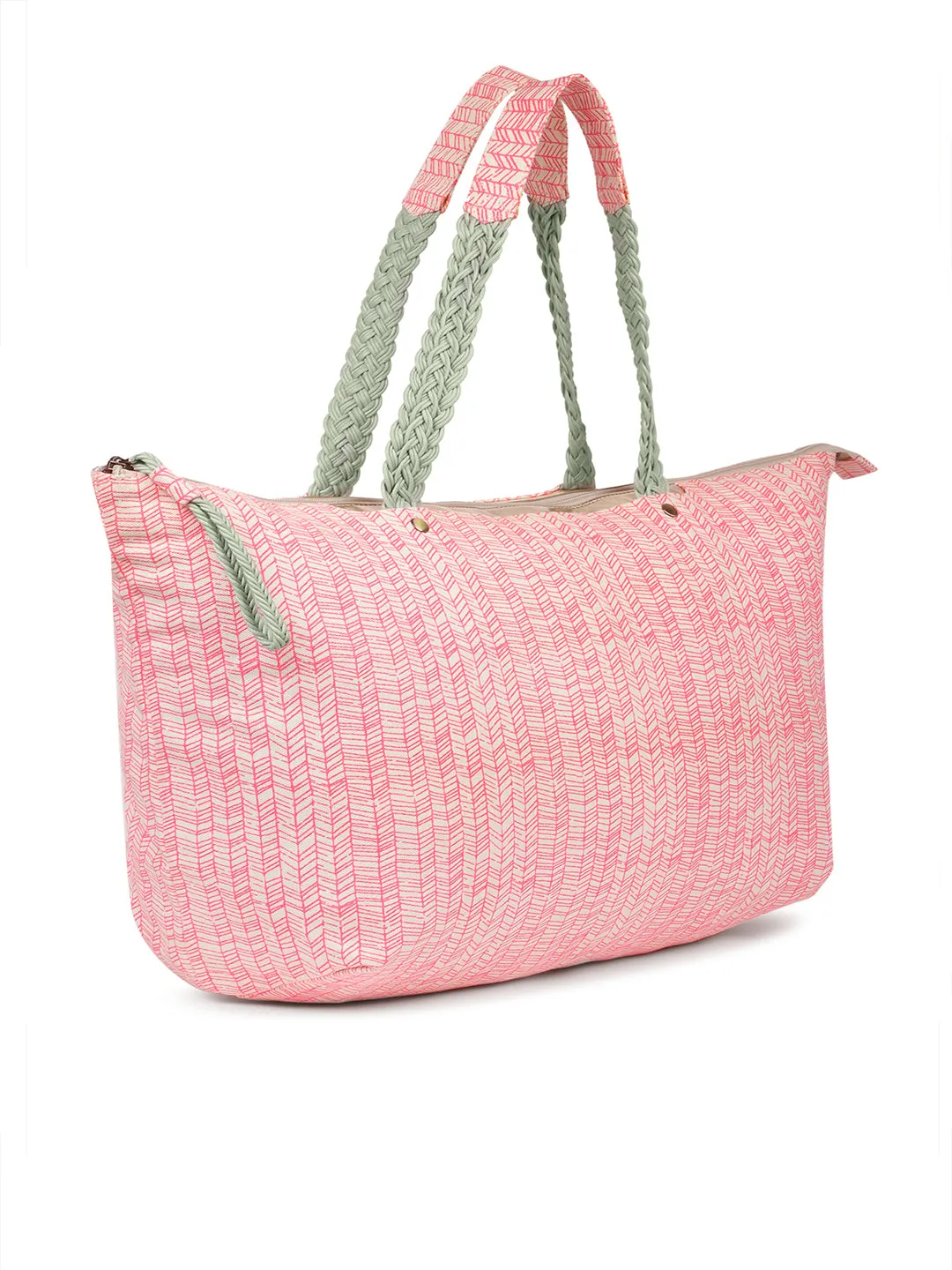 Berrylush Women Pink & White Geometric Printed Canvas Zipper-Up Oversized Tote Bag
