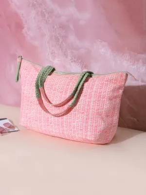 Berrylush Women Pink & White Geometric Printed Canvas Zipper-Up Oversized Tote Bag