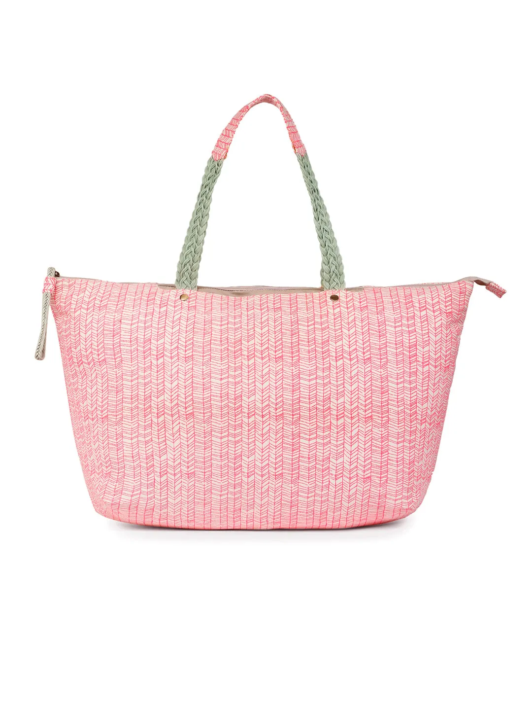 Berrylush Women Pink & White Geometric Printed Canvas Zipper-Up Oversized Tote Bag
