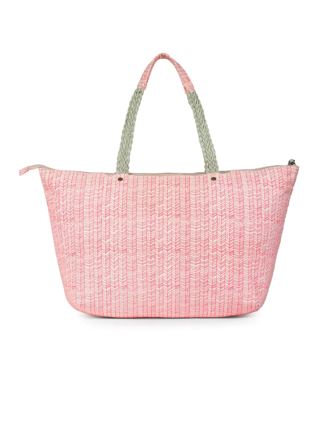Berrylush Women Pink & White Geometric Printed Canvas Zipper-Up Oversized Tote Bag