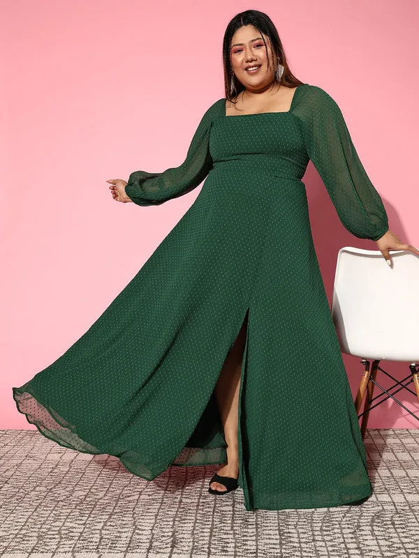 Berrylush Women Plus Size Solid Green Dobby Weave Square Neck Thigh-High Slit Flared Maxi Dress
