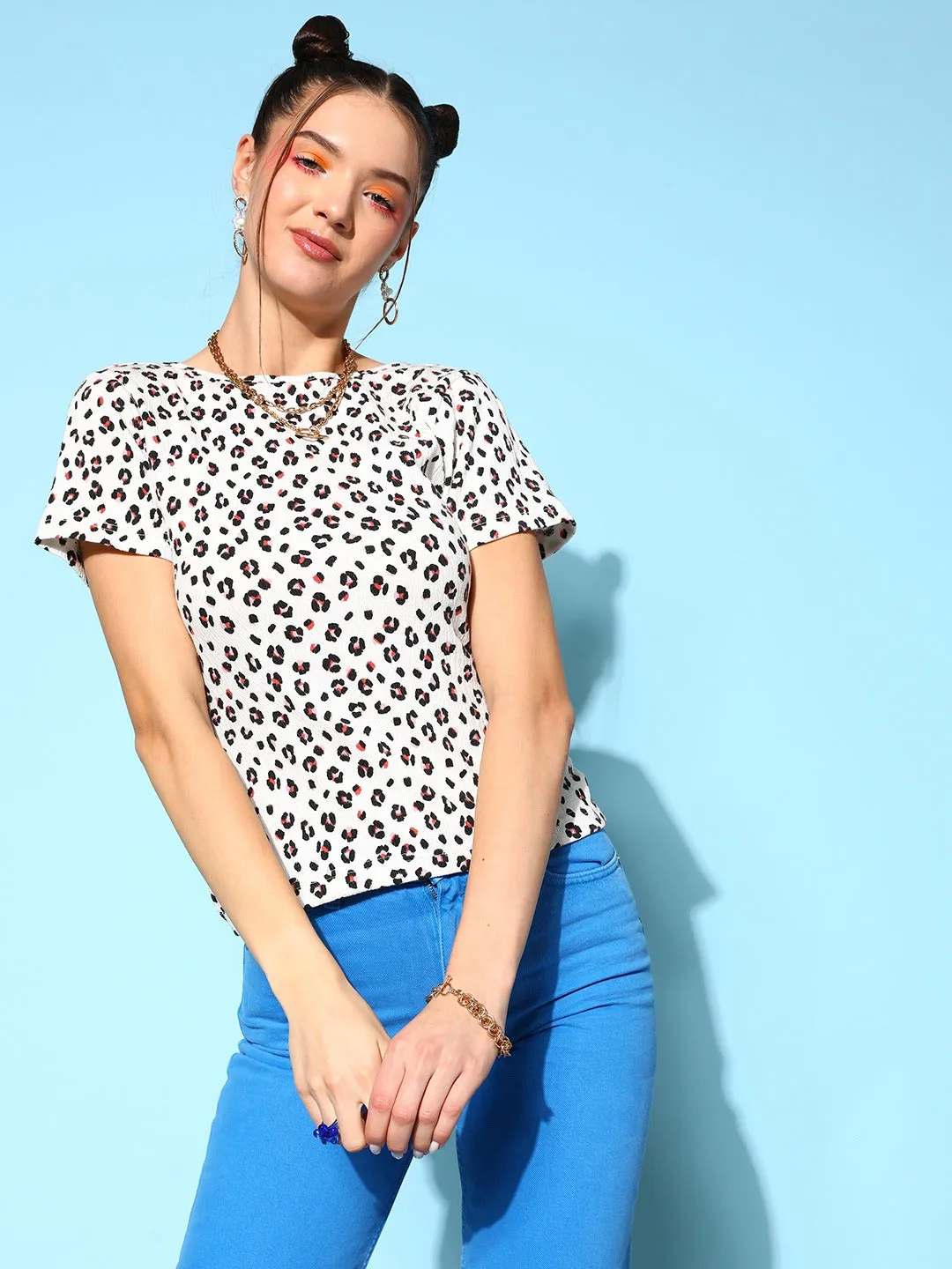 Berrylush Women White & Black Animal Printed Round Neck Styled Back Cotton Knitted Regular T-Shirt
