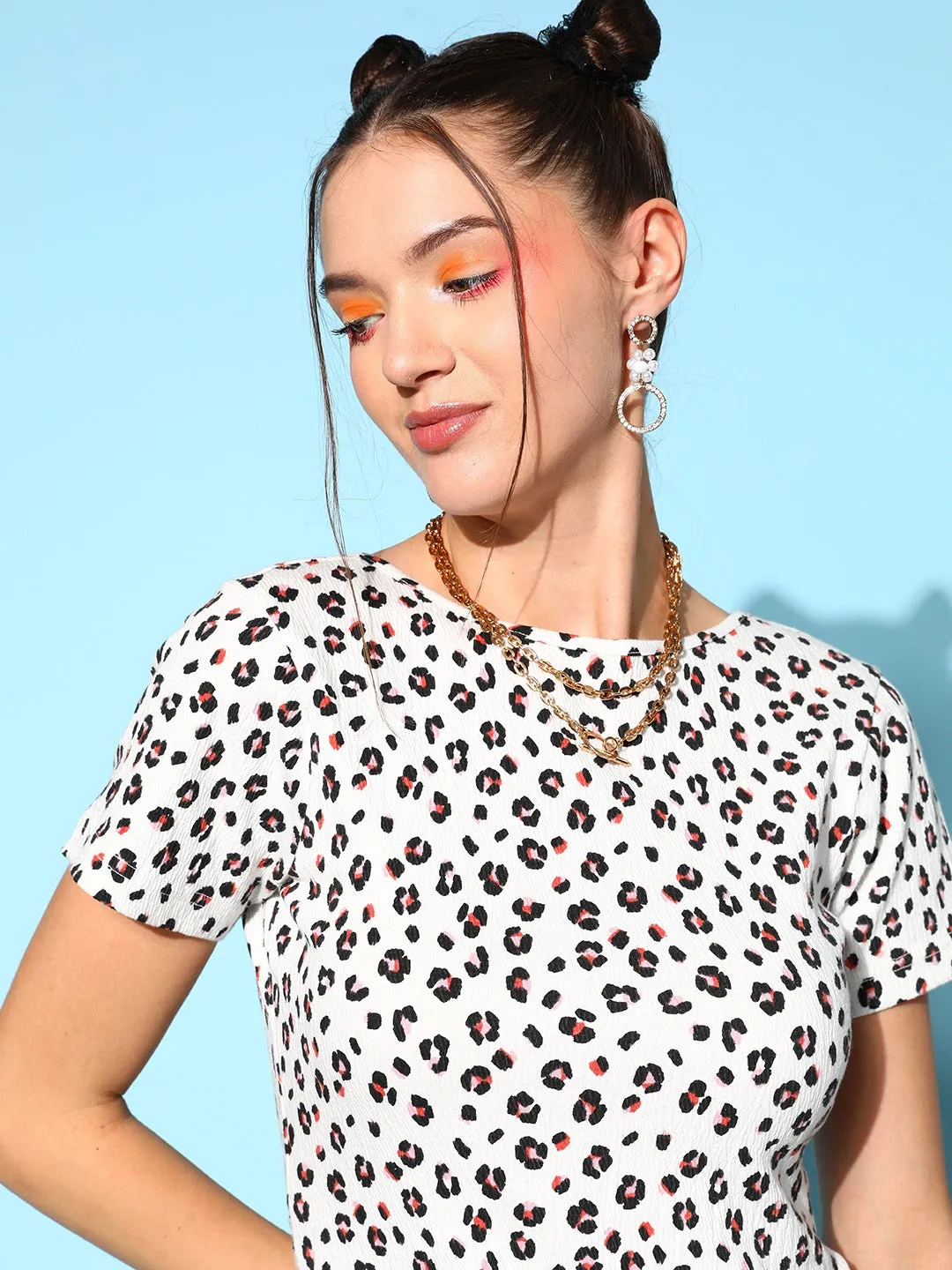 Berrylush Women White & Black Animal Printed Round Neck Styled Back Cotton Knitted Regular T-Shirt