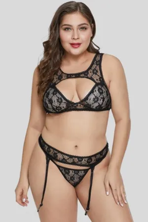 Black Lace Hollow-out Bust Plus Size Bralette Set