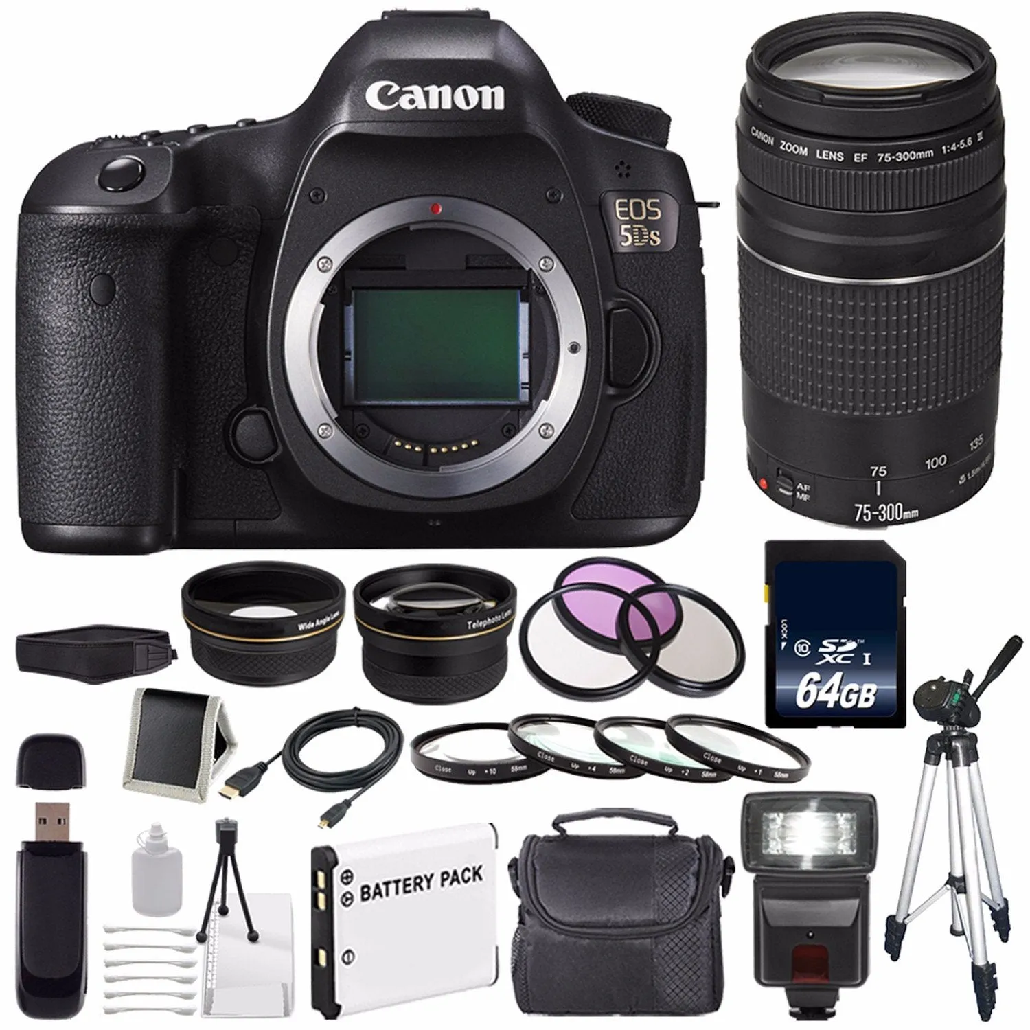 Canon EOS 5DS DSLR Camera (International Model) 0581C002   Canon EF 75-300 III  LP-E6 Replacement Battery   64GB SDXC Ca