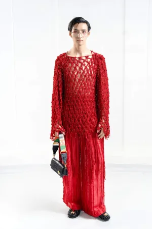 Carmine Lattice Macrame Fringed Jumper with Shred Linen Pants