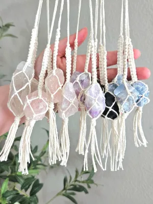 Crystal rear view mirror charm. Car accessories, macrame mirror hangers, metaphysical gifts and crystal accessories. Stocking stuffers
