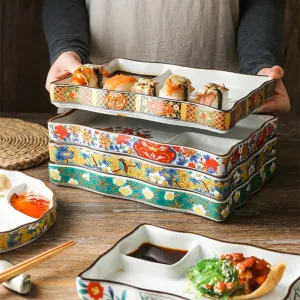 Dumpling plate sushi plate round square plate with soy sauce and vinegar partitioned snack plate ceramic plate for home use