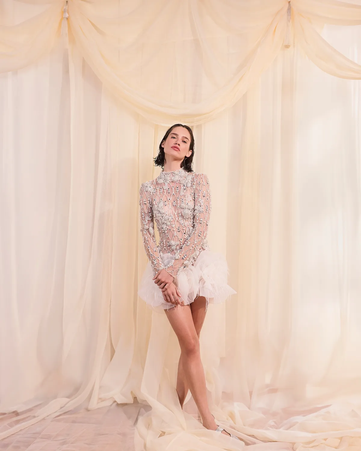 Hand-Beaded High Neck Mini Dress