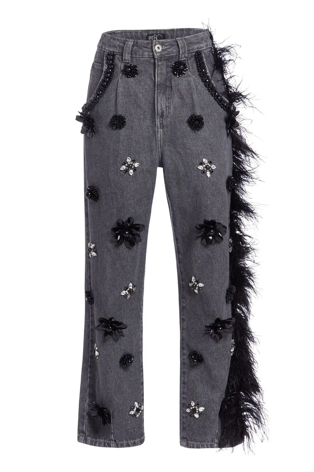 HAND-BEADED JEANS WITH FEATHER TRIM