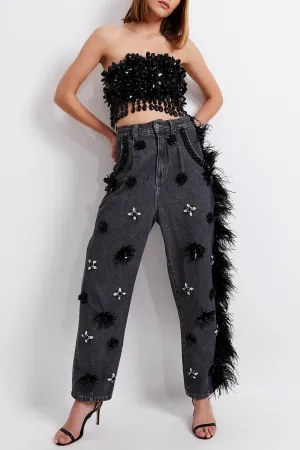 HAND-BEADED JEANS WITH FEATHER TRIM