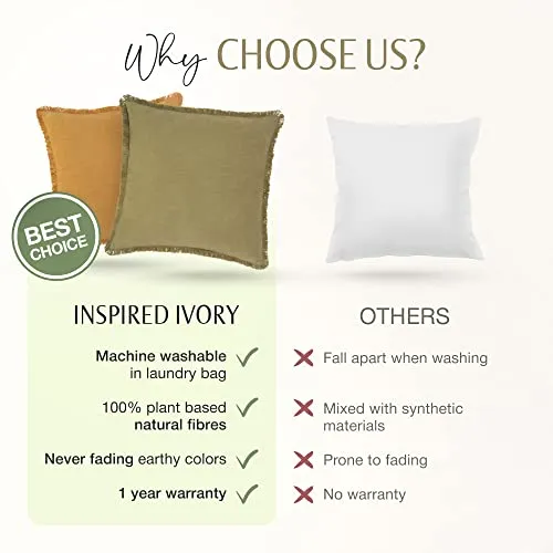 INSPIRED IVORY Decorative Linen Pillow Cover 20x20 Inch - Khaki Green Throw Pillow Cover with Fringe & Invisible Zipper - Soft Solid Cushion Cover for Sofa, Couch, Bed Decor, Single Sham (50x50cm)