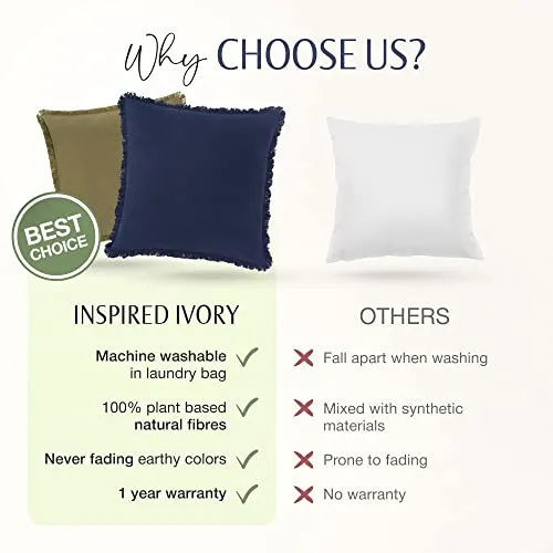 INSPIRED IVORY Decorative Linen Pillow Cover 20x20 Inch - Rustic Navy Blue Throw Pillow Cover with Fringe - Soft Solid Pillow Cushion Cover for Sofa, Couch, Bed Decor, Single Sham (50x50cm)