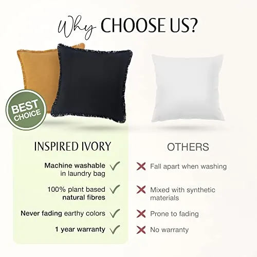 Inspired Ivory Linen Pillow Cover 18x18 Inch - Rustic Decorative Mustard Yellow Throw Pillow Cover with Fringe - Farmhouse Accent Pillow Cushion Cover for Sofa, Couch, Bed Decor, Single Sham, 45x45cm