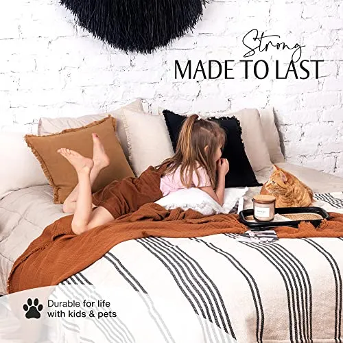 Inspired Ivory Linen Throw Pillow Cover 18x18 Inch - Charcoal Grey Throw Pillow Cover with Tassels - Decorative Soft Solid Cushion Cover for Sofa, Couch, Bed Decor, Single Sham (45x45cm)
