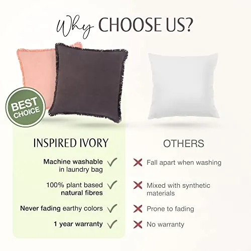 Inspired Ivory Linen Throw Pillow Cover 18x18 Inch - Charcoal Grey Throw Pillow Cover with Tassels - Decorative Soft Solid Cushion Cover for Sofa, Couch, Bed Decor, Single Sham (45x45cm)