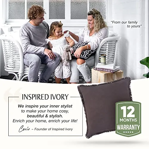 Inspired Ivory Linen Throw Pillow Cover 18x18 Inch - Charcoal Grey Throw Pillow Cover with Tassels - Decorative Soft Solid Cushion Cover for Sofa, Couch, Bed Decor, Single Sham (45x45cm)