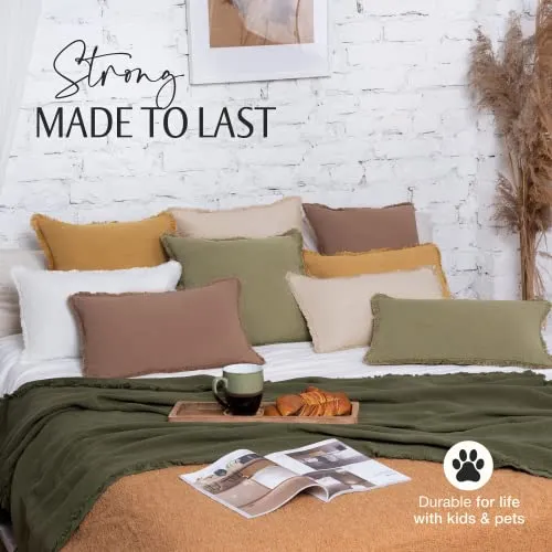 INSPIRED IVORY Lumbar Pillow Cover 12x20 Inch - Rustic Farmhouse Cinnamon Brown Throw Pillow Covers for Couch Sofa Bed Living Room Fall Decor Decorative Pillow Covers - Linen Pillow Cover with Fringe