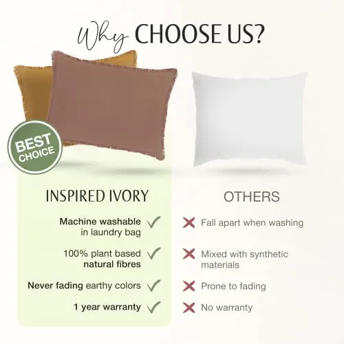 INSPIRED IVORY Lumbar Pillow Cover 12x20 Inch - Rustic Farmhouse Cinnamon Brown Throw Pillow Covers for Couch Sofa Bed Living Room Fall Decor Decorative Pillow Covers - Linen Pillow Cover with Fringe