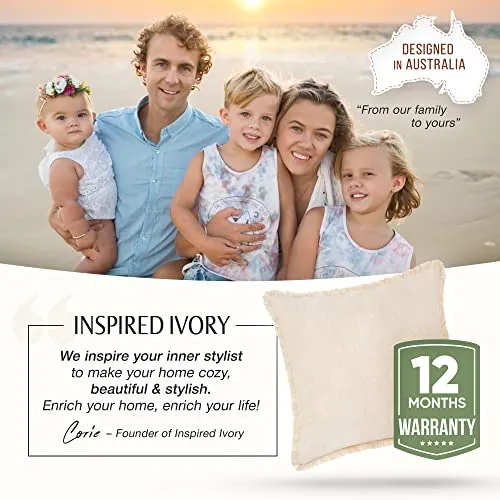 INSPIRED IVORY Throw Pillow Cover 20 x 20 Inch - Decorative Natural Linen Pillow Cover with Tassel Trim - Farmhouse Pillow Cushion Cover for Sofa, Couch, Bed Decor - Square Burlap Sham (Light Beige)