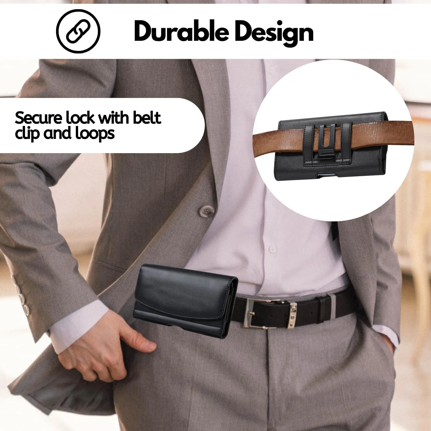 Leather Holster Phone Case with Belt Clip for iPhone 15 Pro Max, iPhone 15 Plus (Fits w/Otterbox Commuter Case)