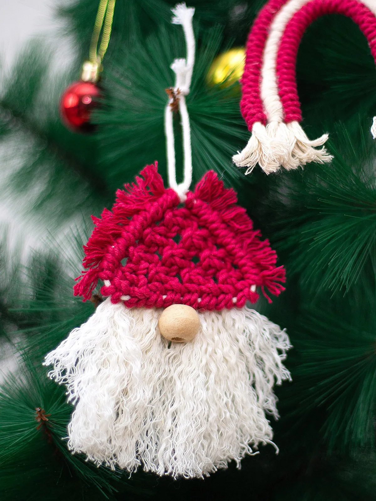 Macrame Christmas Ornaments Set of 3 Red and White