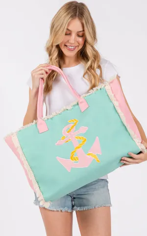 MB0269 EMBROIDERED ANCHOR PATCH FRINGE TOTE BAG