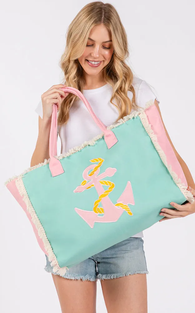 MB0269 EMBROIDERED ANCHOR PATCH FRINGE TOTE BAG