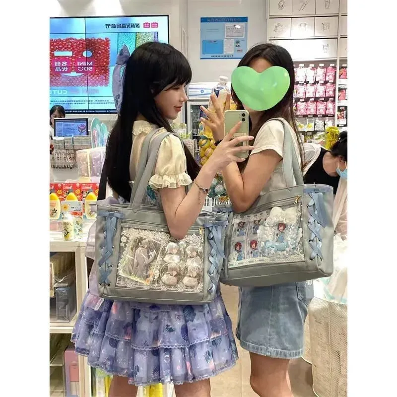 Sohiwoo Blue Womens Shoulder Bag Leather Sweet Lolita Jk Elegant Cute Casual Ita Bag Japanese Style Transparent Fashion Ita Bag Handbag