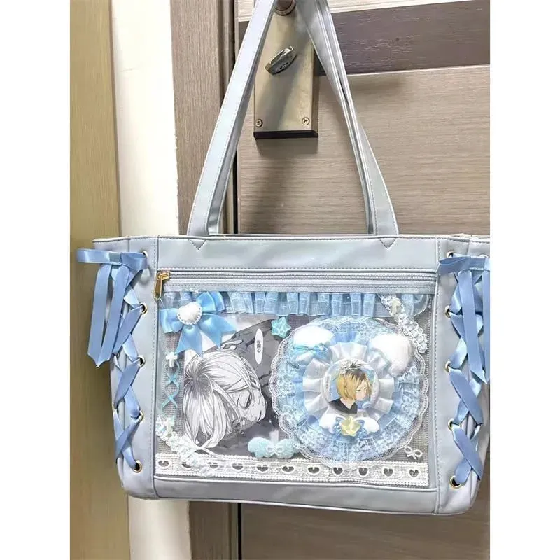 Sohiwoo Blue Womens Shoulder Bag Leather Sweet Lolita Jk Elegant Cute Casual Ita Bag Japanese Style Transparent Fashion Ita Bag Handbag