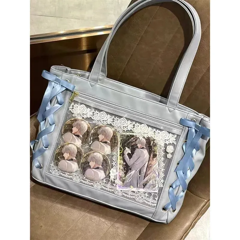 Sohiwoo Blue Womens Shoulder Bag Leather Sweet Lolita Jk Elegant Cute Casual Ita Bag Japanese Style Transparent Fashion Ita Bag Handbag