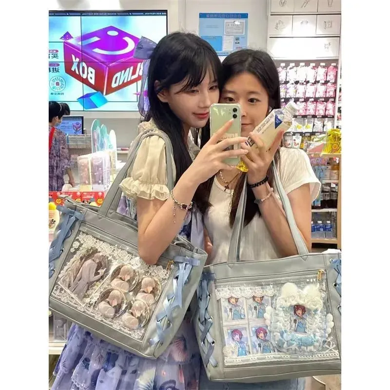 Sohiwoo Blue Womens Shoulder Bag Leather Sweet Lolita Jk Elegant Cute Casual Ita Bag Japanese Style Transparent Fashion Ita Bag Handbag