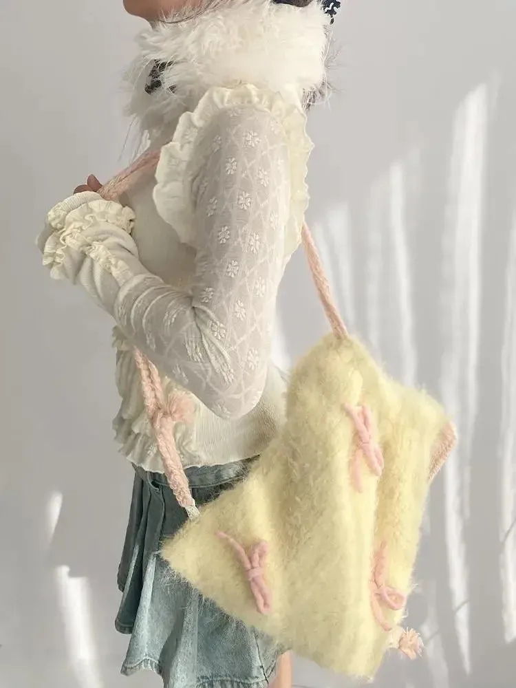 Sohiwoo Drawstring Backpack with Bow Furry Cloth Bag Soft Yellow Multi-purpose Backpack Cute Girl Fashion Korean Shoulders Bags
