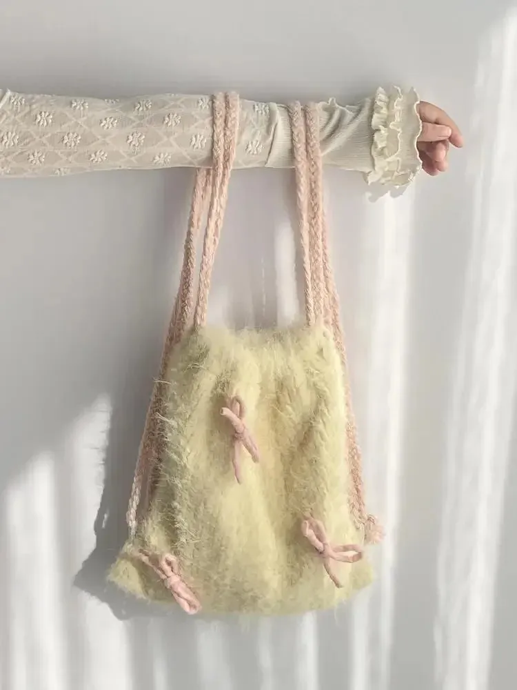 Sohiwoo Drawstring Backpack with Bow Furry Cloth Bag Soft Yellow Multi-purpose Backpack Cute Girl Fashion Korean Shoulders Bags