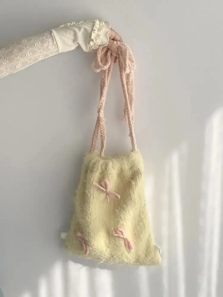 Sohiwoo Drawstring Backpack with Bow Furry Cloth Bag Soft Yellow Multi-purpose Backpack Cute Girl Fashion Korean Shoulders Bags