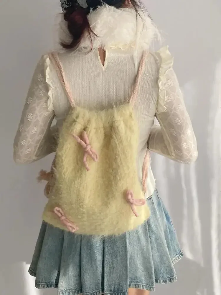 Sohiwoo Drawstring Backpack with Bow Furry Cloth Bag Soft Yellow Multi-purpose Backpack Cute Girl Fashion Korean Shoulders Bags