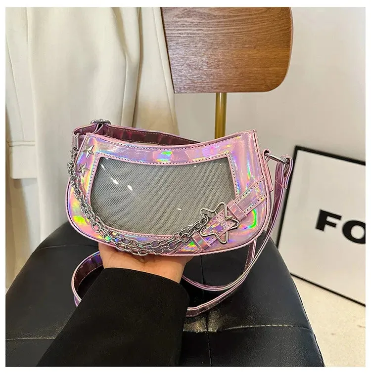 Sohiwoo Laser Pink Shoulder Bag For Women Designer Casual Harajuku Transparent Lolita Ita Bag Jk All Match Chain Y2k Handbag