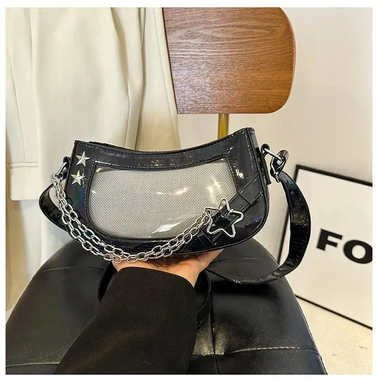 Sohiwoo Laser Pink Shoulder Bag For Women Designer Casual Harajuku Transparent Lolita Ita Bag Jk All Match Chain Y2k Handbag