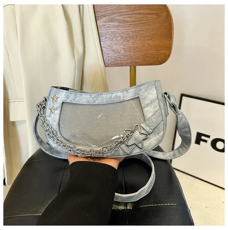 Sohiwoo Laser Pink Shoulder Bag For Women Designer Casual Harajuku Transparent Lolita Ita Bag Jk All Match Chain Y2k Handbag