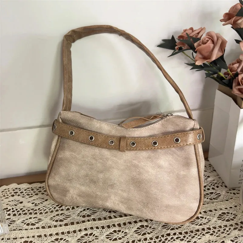 TAVIMART  -  Y2k Aesthetic Punk Vintage Belt Women's Handbags Casual All Match Trendy Underarm Bag Fashion Patchwork Shoulder Bags Japanese
