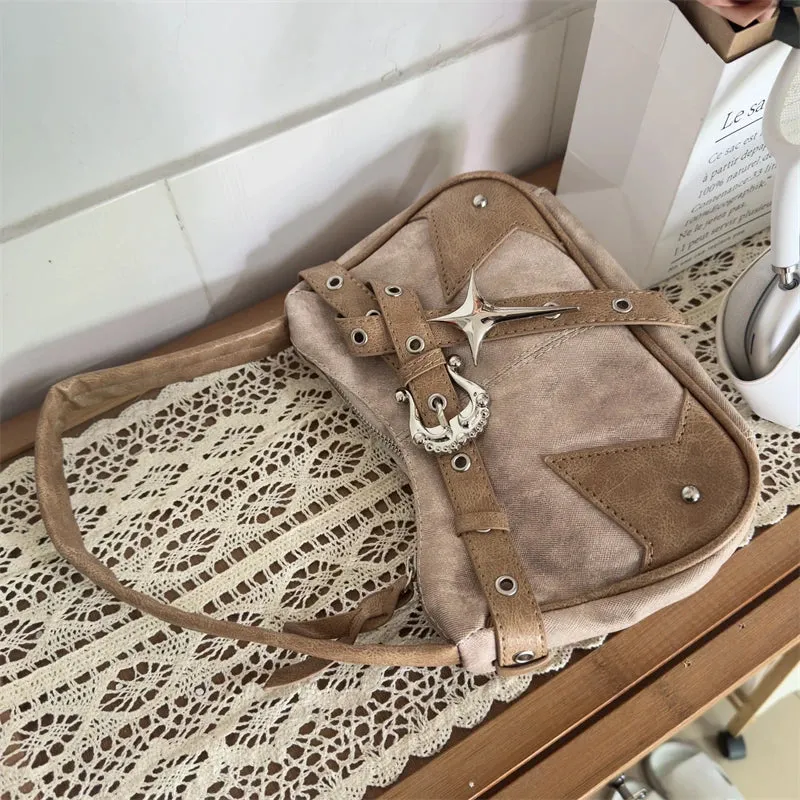 TAVIMART  -  Y2k Aesthetic Punk Vintage Belt Women's Handbags Casual All Match Trendy Underarm Bag Fashion Patchwork Shoulder Bags Japanese