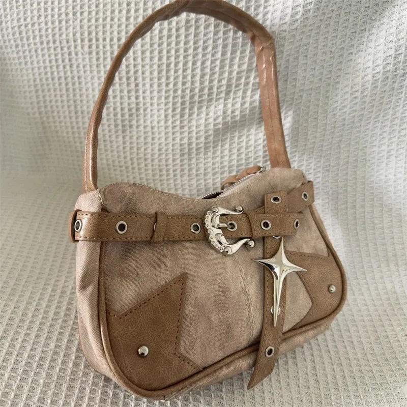 TAVIMART  -  Y2k Aesthetic Punk Vintage Belt Women's Handbags Casual All Match Trendy Underarm Bag Fashion Patchwork Shoulder Bags Japanese