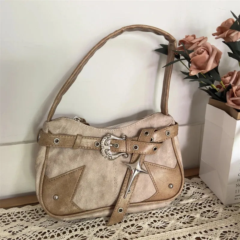 TAVIMART  -  Y2k Aesthetic Punk Vintage Belt Women's Handbags Casual All Match Trendy Underarm Bag Fashion Patchwork Shoulder Bags Japanese